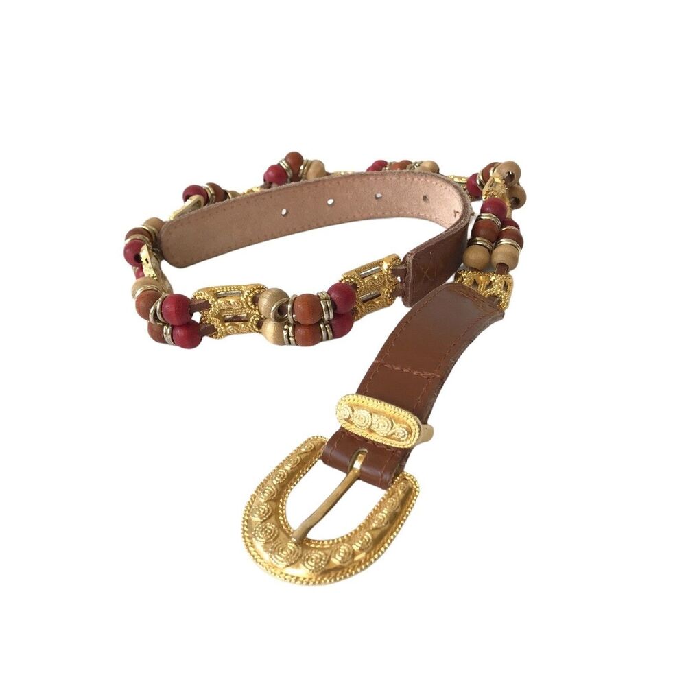 Express Women Brown Belt Size M Wood Beads Buckle Genuine Leather Boho bohemian